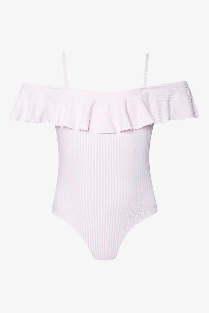 Stripe One Piece Frill Swimsuit Lilac