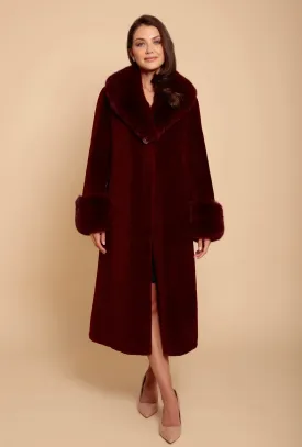 'Sunset Boulevard' Long Wool Coat with Faux Fur Collar in Rosso