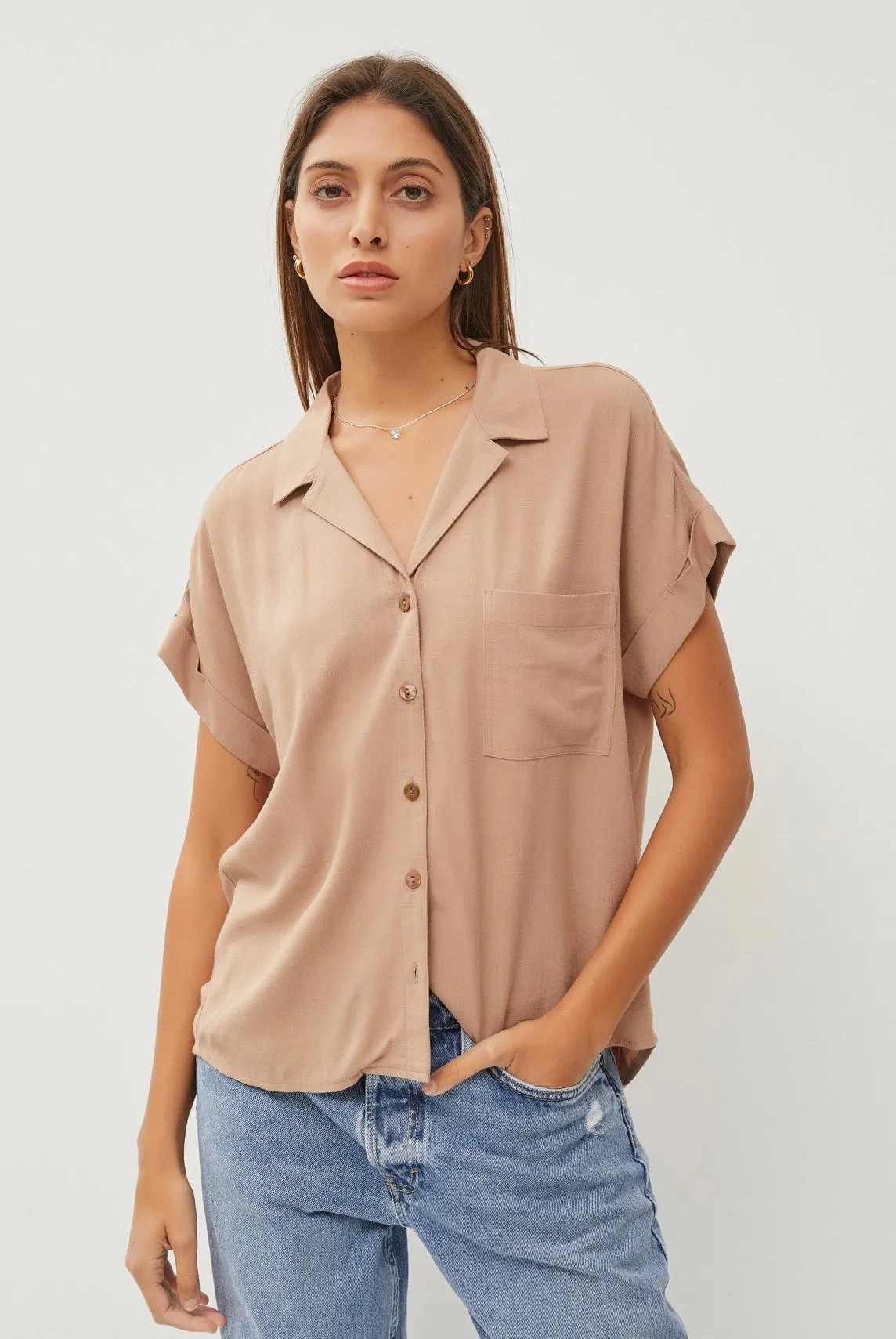 Taupe Relaxed Button Down Short Sleeve Top w/Front Pocket