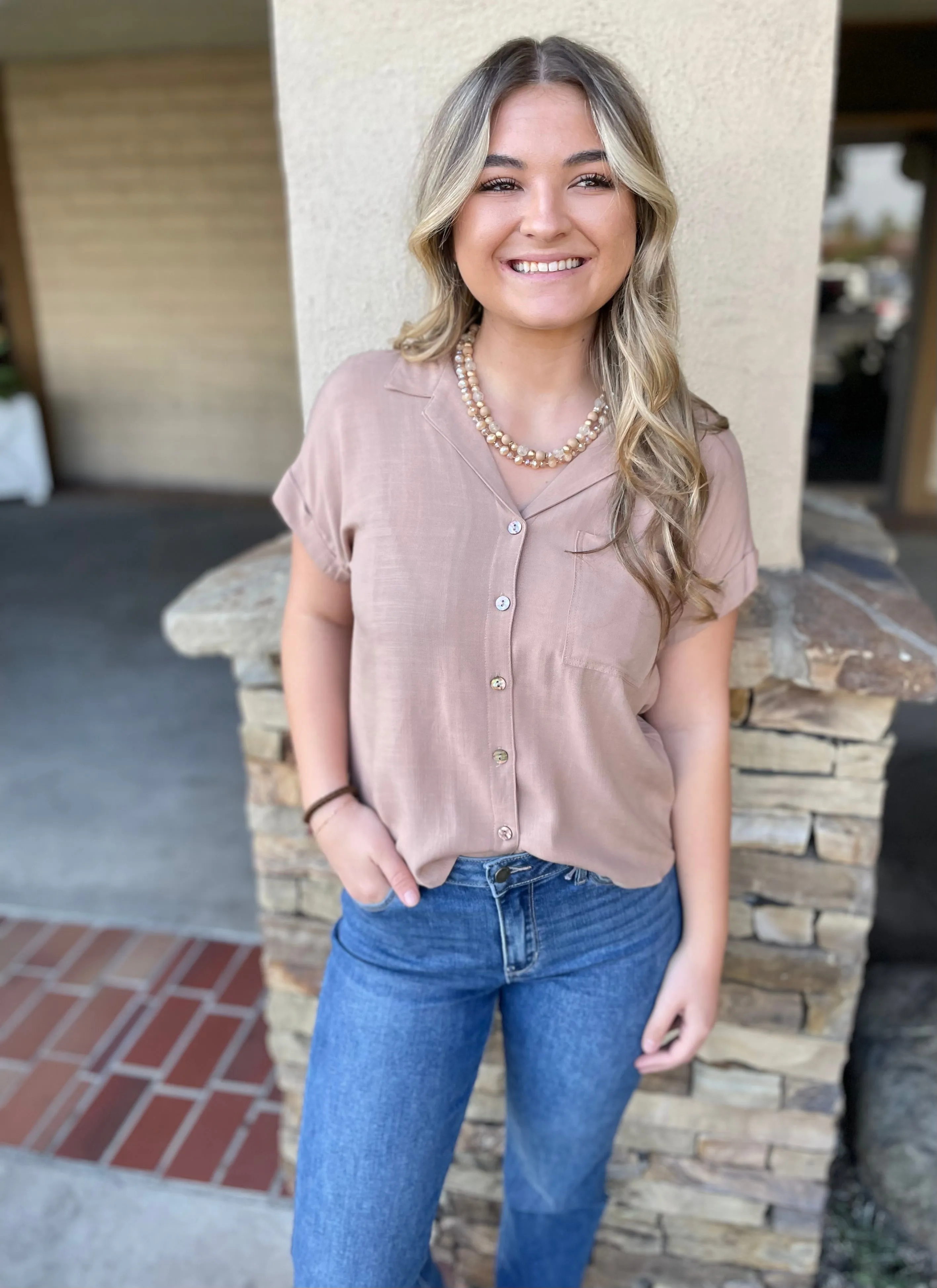 Taupe Relaxed Button Down Short Sleeve Top w/Front Pocket