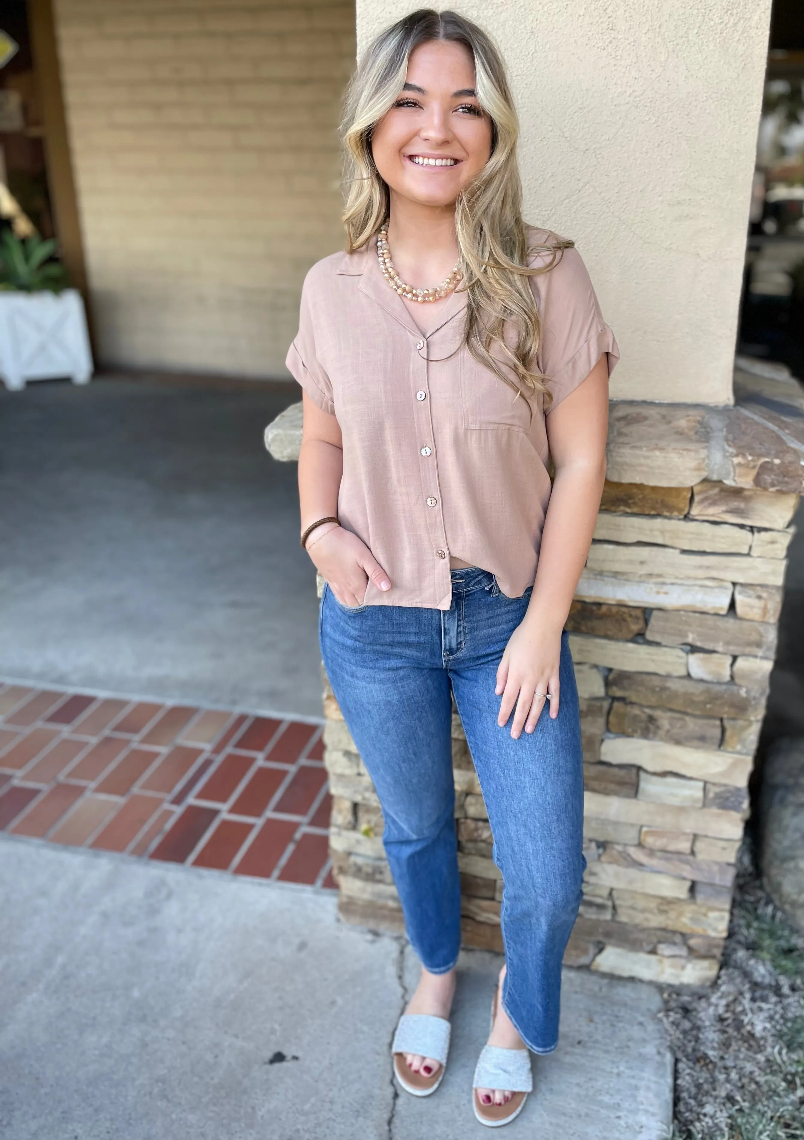 Taupe Relaxed Button Down Short Sleeve Top w/Front Pocket