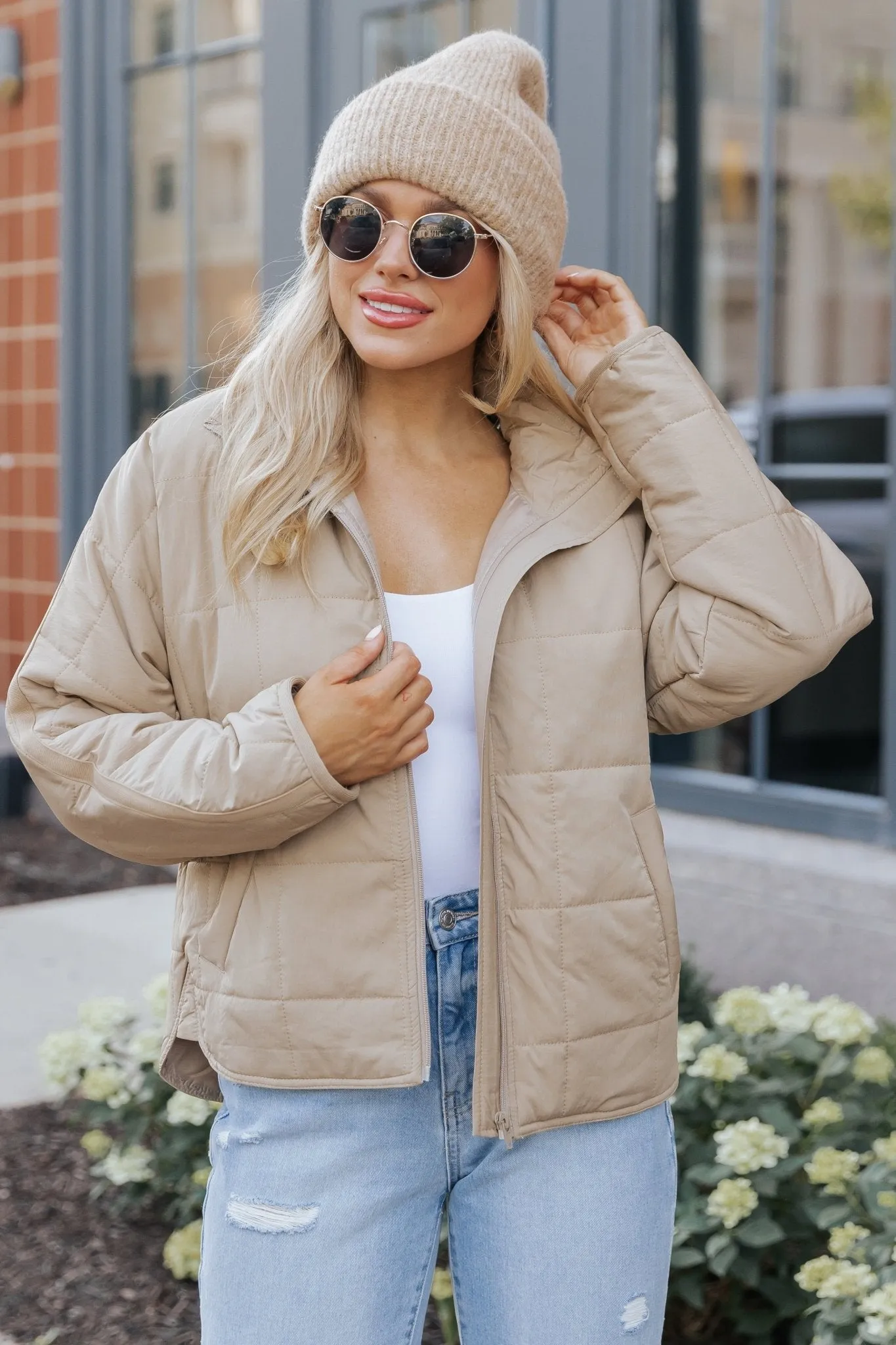 Taupe Zip Up Puffer Jacket