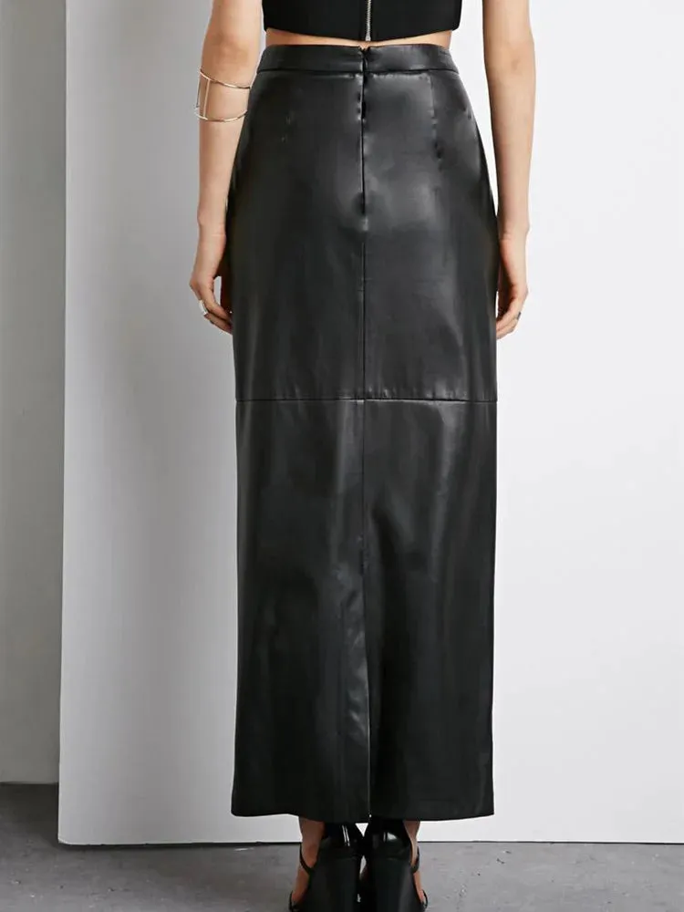 Trend4us Elegant High-Waist Faux Leather Maxi Skirt