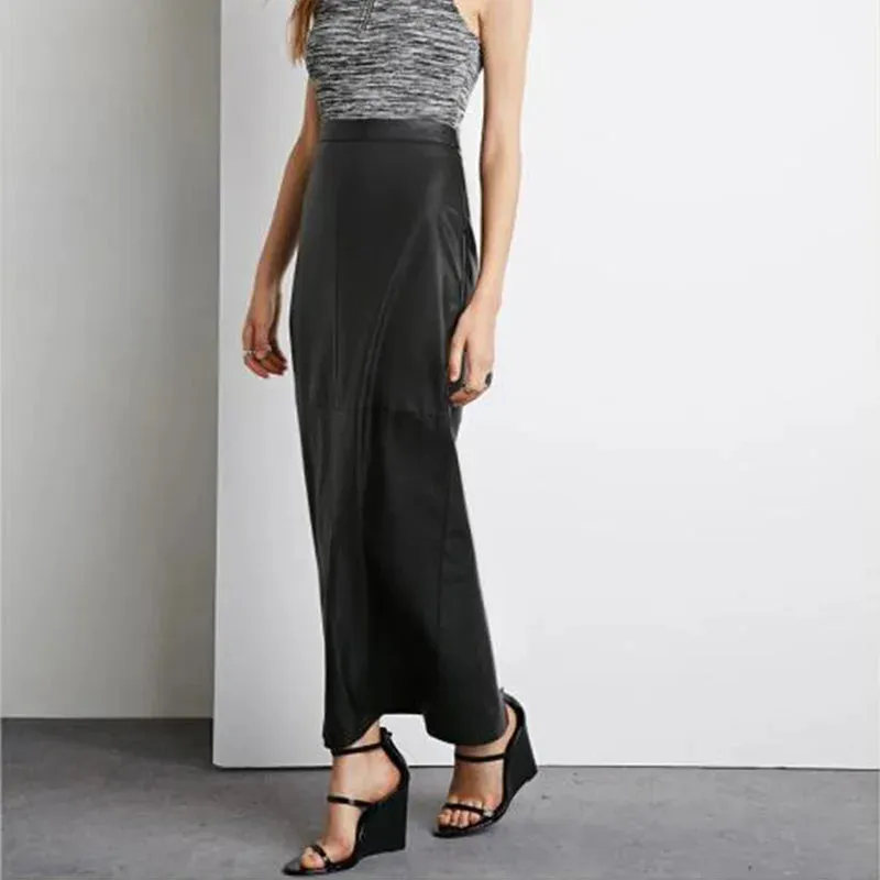 Trend4us Elegant High-Waist Faux Leather Maxi Skirt