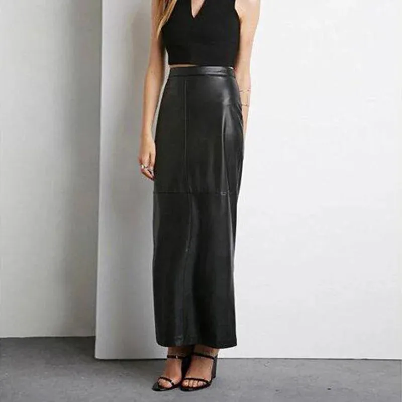 Trend4us Elegant High-Waist Faux Leather Maxi Skirt