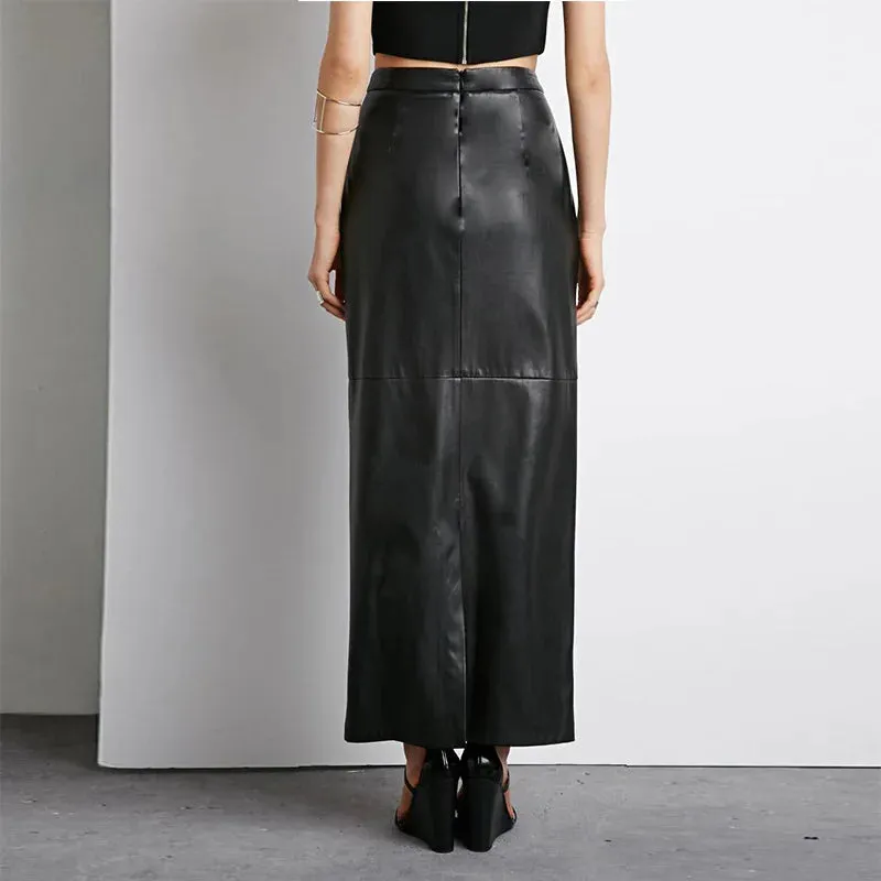 Trend4us Elegant High-Waist Faux Leather Maxi Skirt