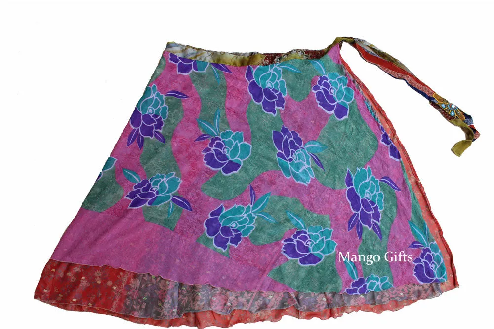 Vintage 2 Layer Silk Sari Magic Wrap Around Skirt Dress Beach Wear Sarong Skirts