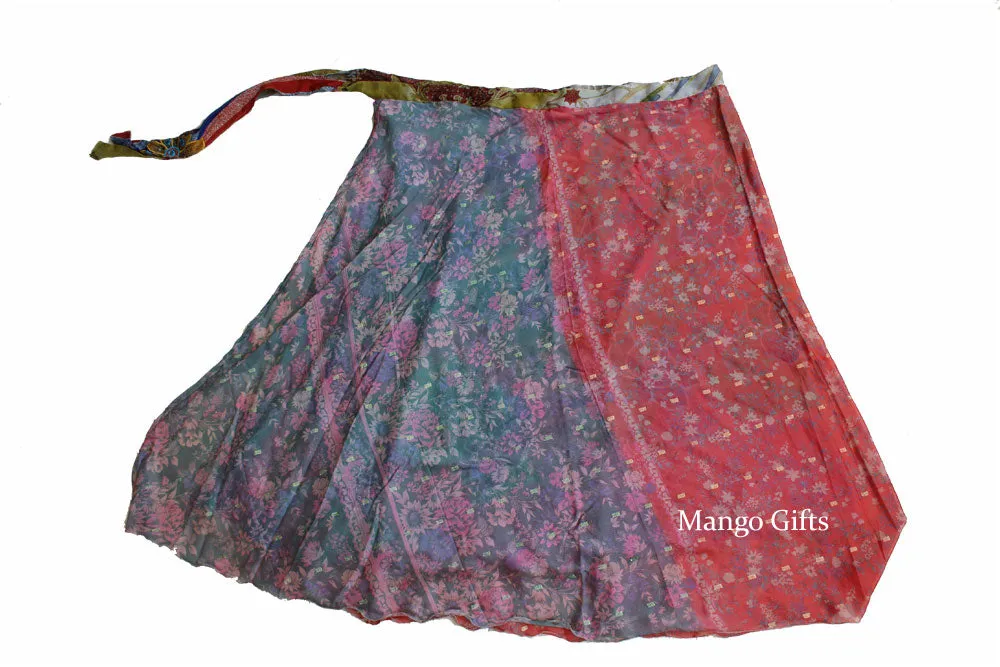 Vintage 2 Layer Silk Sari Magic Wrap Around Skirt Dress Beach Wear Sarong Skirts