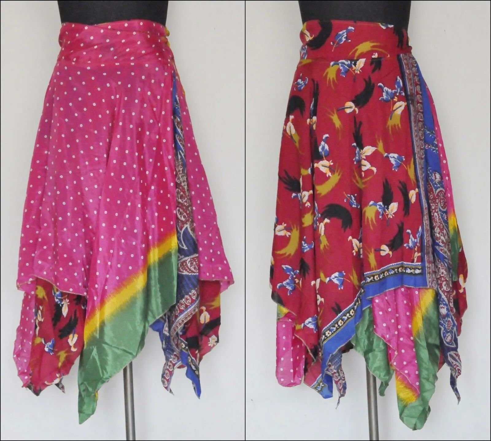 Vintage 2 Layer Silk Sari Magic Wrap Around Skirt Dress Beach Wear Sarong Skirts