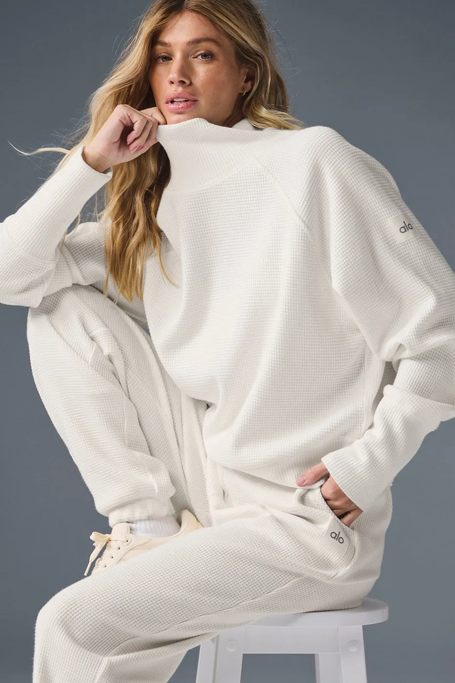 Waffle Weekend Escape Mock Neck Long Sleeve - Ivory