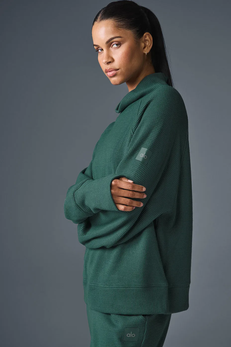 Waffle Weekend Escape Mock Neck Long Sleeve - Winter Ivy