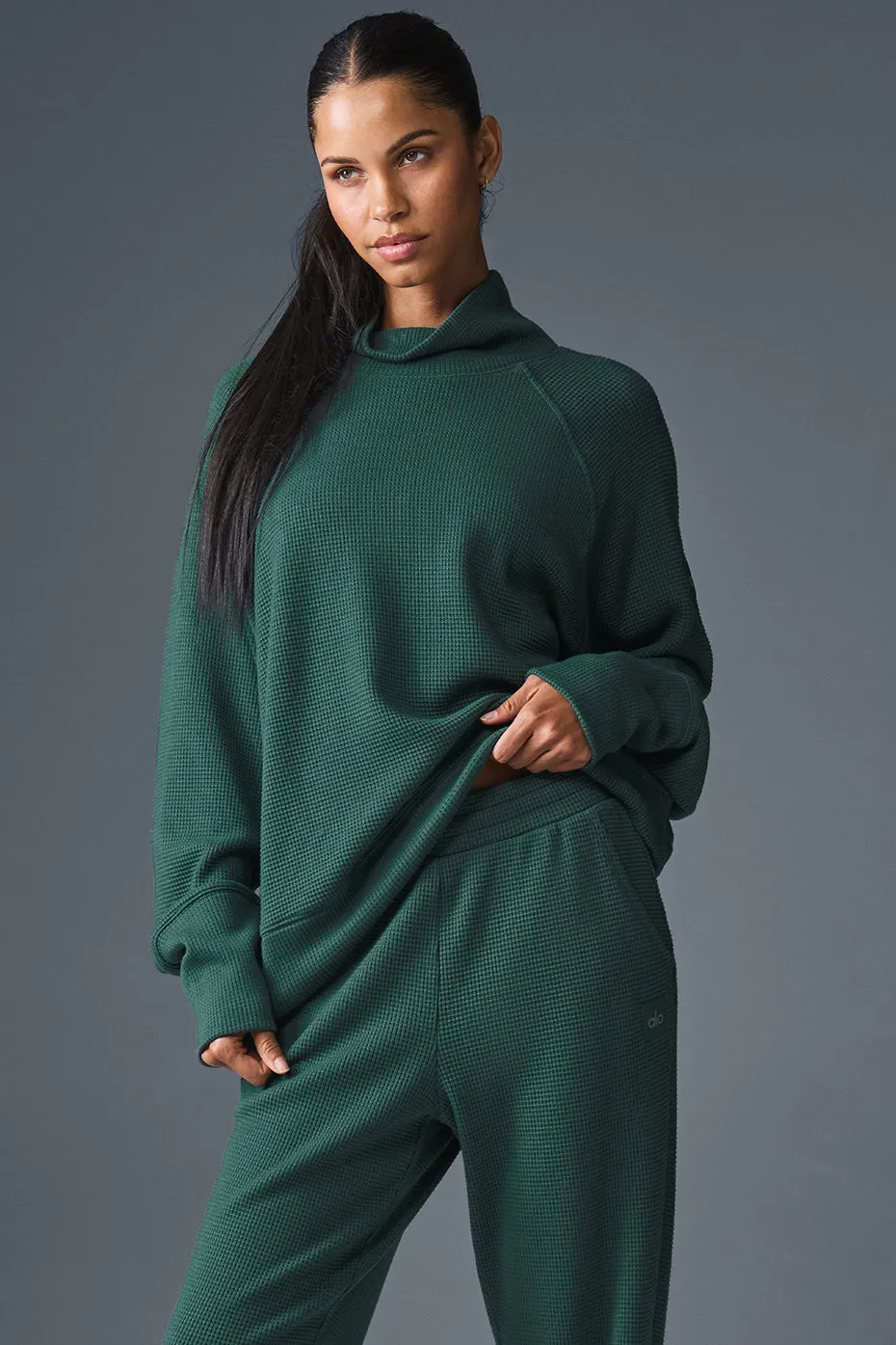 Waffle Weekend Escape Mock Neck Long Sleeve - Winter Ivy