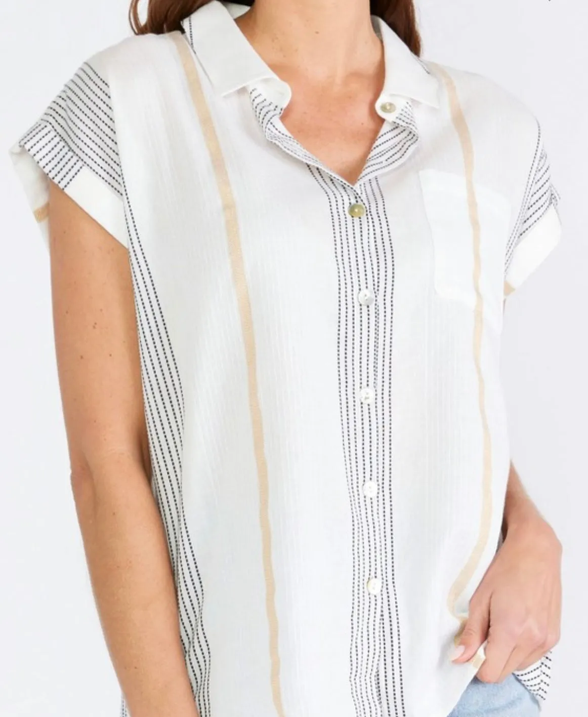 White & Gold Stripe Short Sleeve Button Down Shirt by Lovestitch