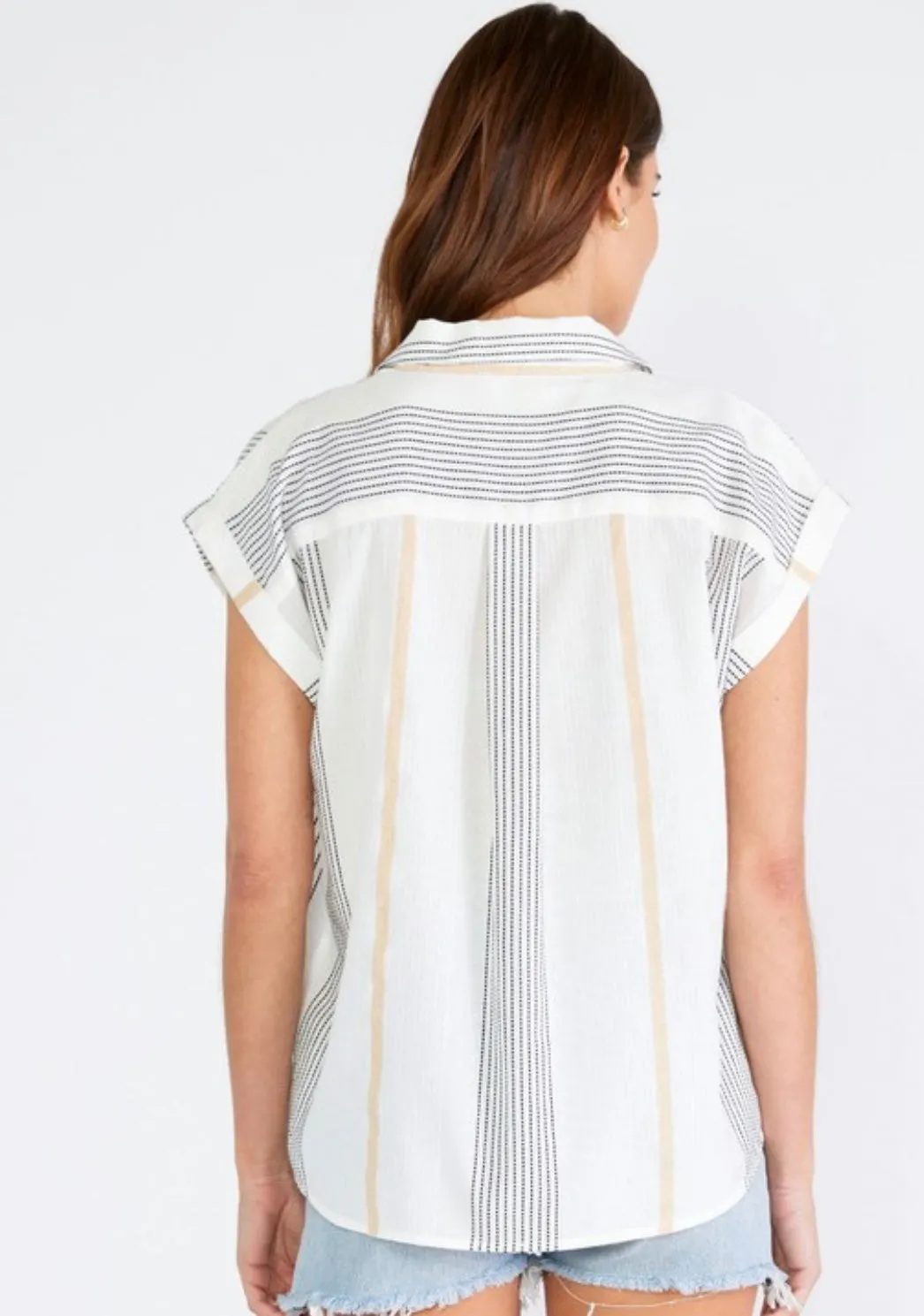 White & Gold Stripe Short Sleeve Button Down Shirt by Lovestitch