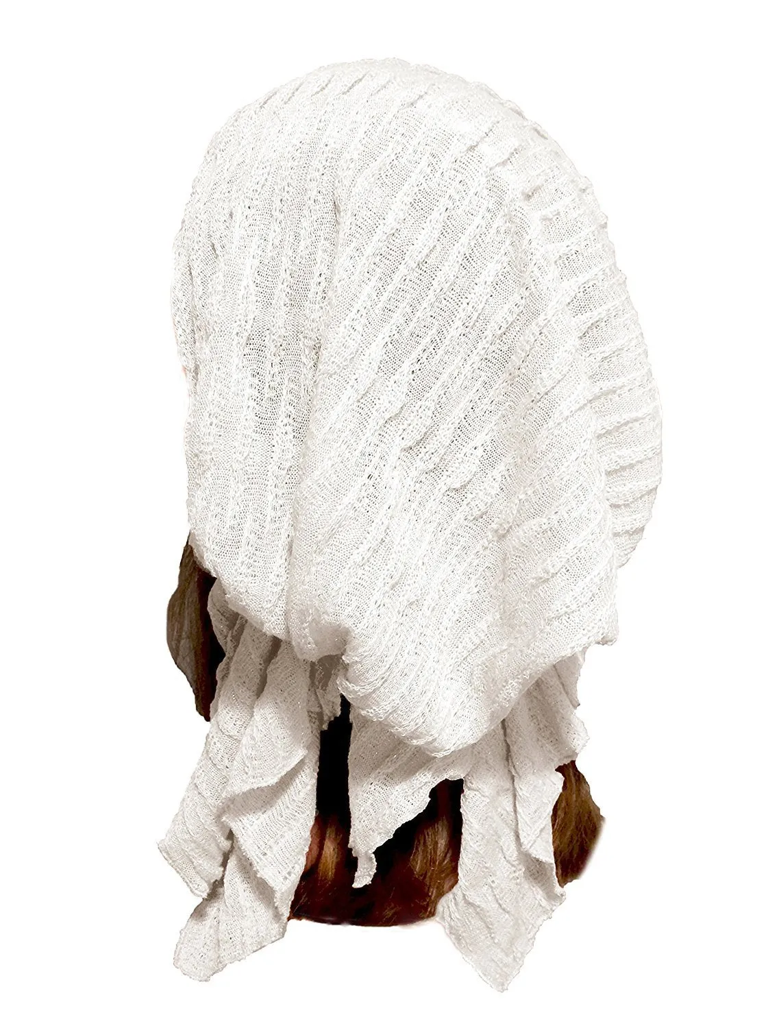 White Boho Chic Pre-tied Head-Scarf Tichel Sparkly Breathable Knit Collection! ShariRose (White sparkle short - 410)