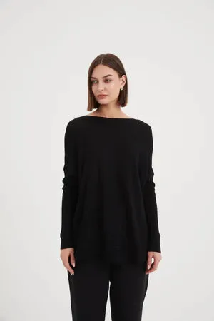 Wide Neck Knit Top Black