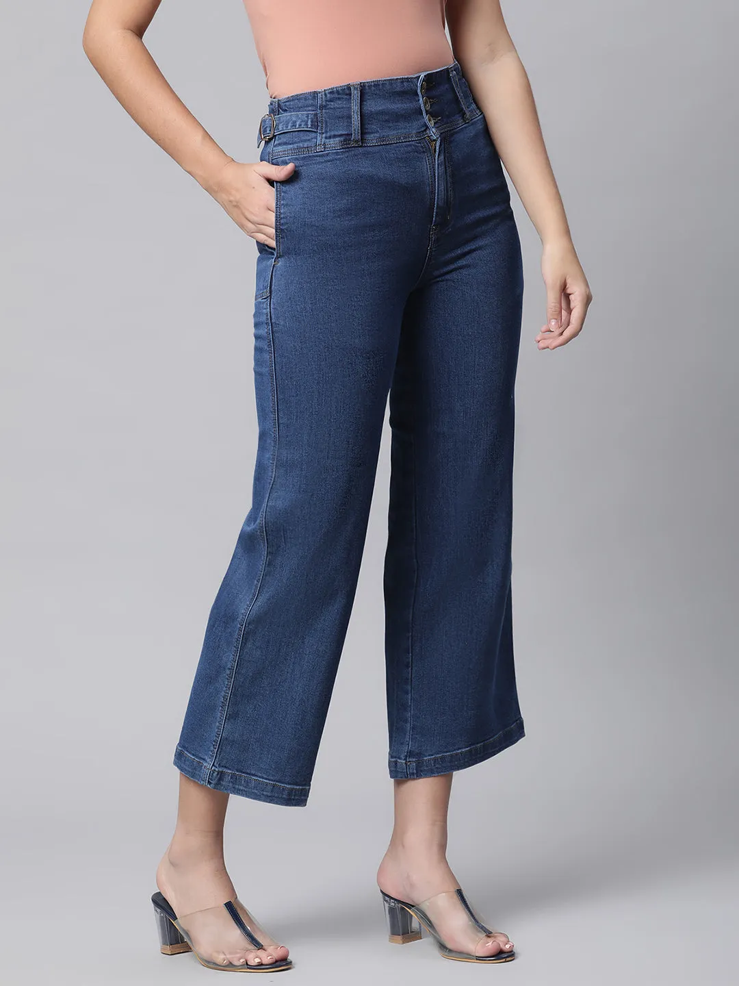 Women Dark Blue Cotton Blend Culottes Jeans