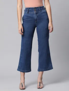 Women Dark Blue Cotton Blend Culottes Jeans