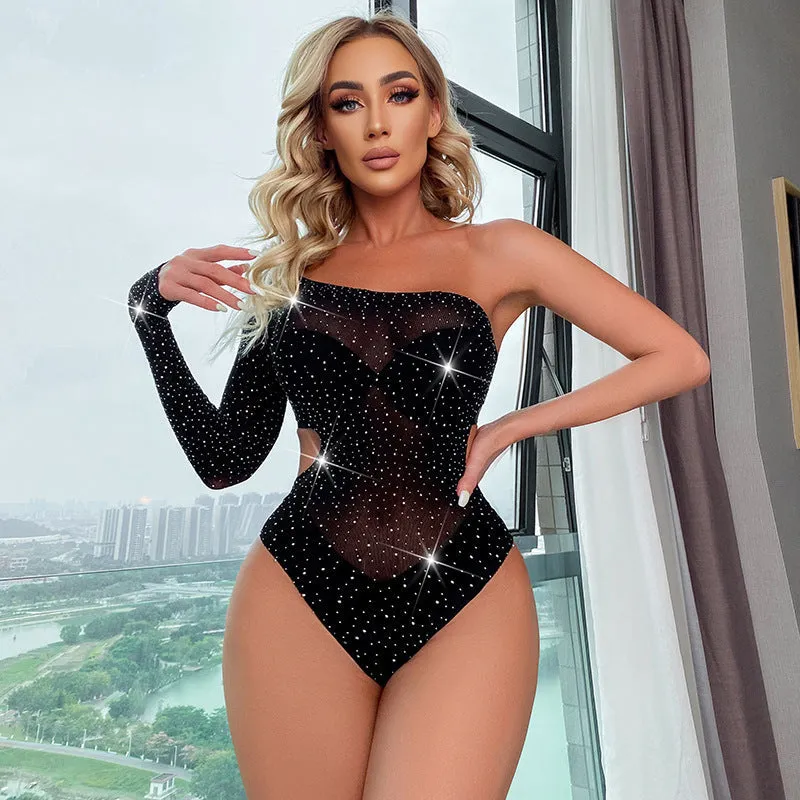 Women Rhinestone One Shoulder Dress See through Mesh Bodysuits