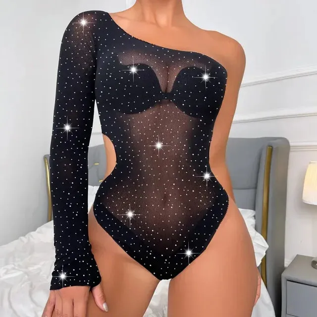 Women Rhinestone One Shoulder Dress See through Mesh Bodysuits