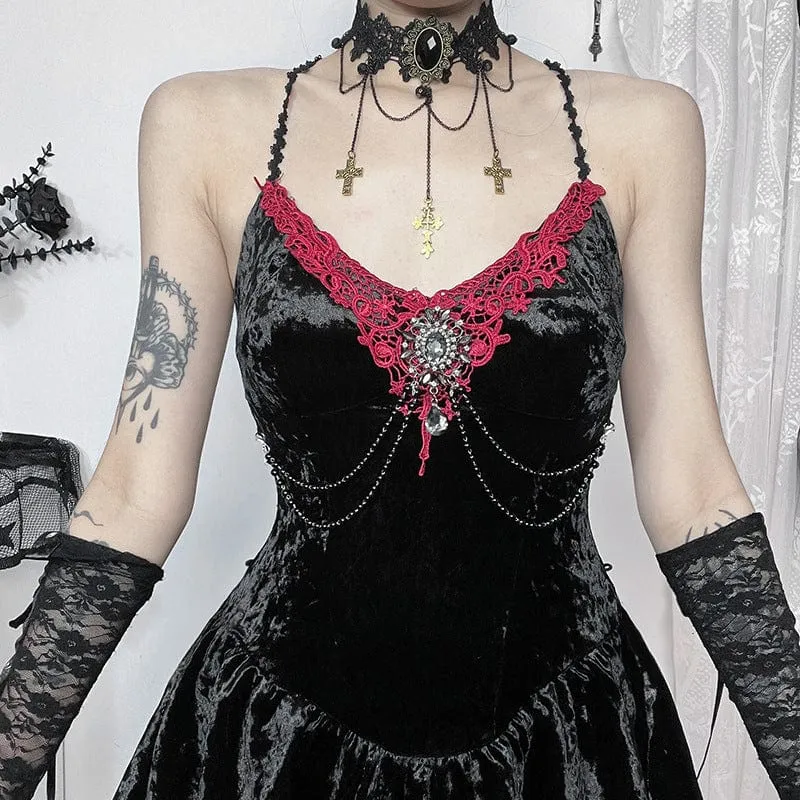 Women's Gothic Chain Layered Velvet Party Slip Dress