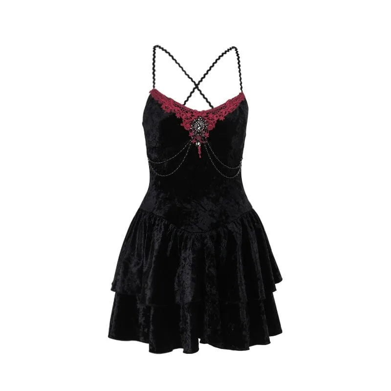 Women's Gothic Chain Layered Velvet Party Slip Dress