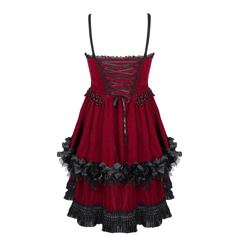 Women's Gothic Chain Ruffled Lace Short Slip Dress Red