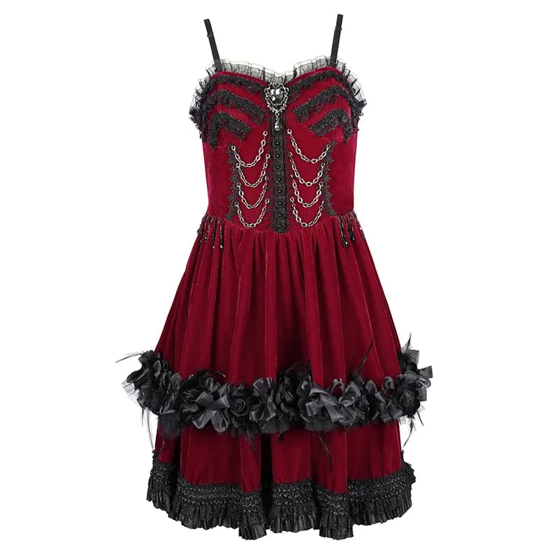 Women's Gothic Chain Ruffled Lace Short Slip Dress Red