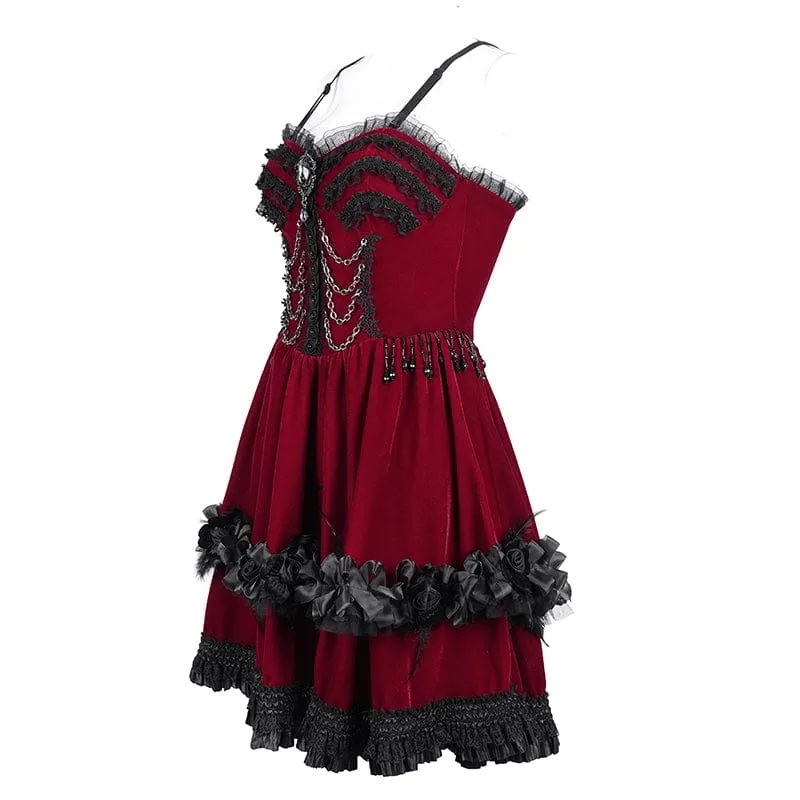 Women's Gothic Chain Ruffled Lace Short Slip Dress Red