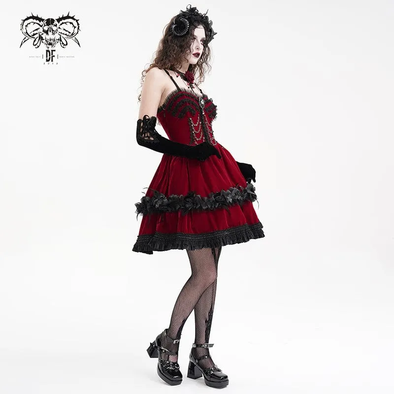 Women's Gothic Chain Ruffled Lace Short Slip Dress Red