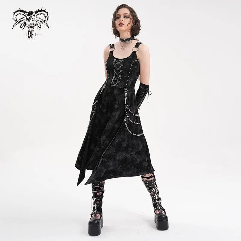 Women's Gothic Chains Rings Slip Dress with Gloves