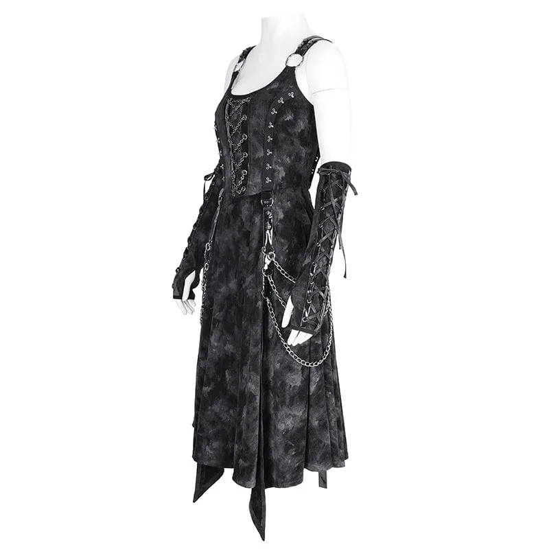 Women's Gothic Chains Rings Slip Dress with Gloves