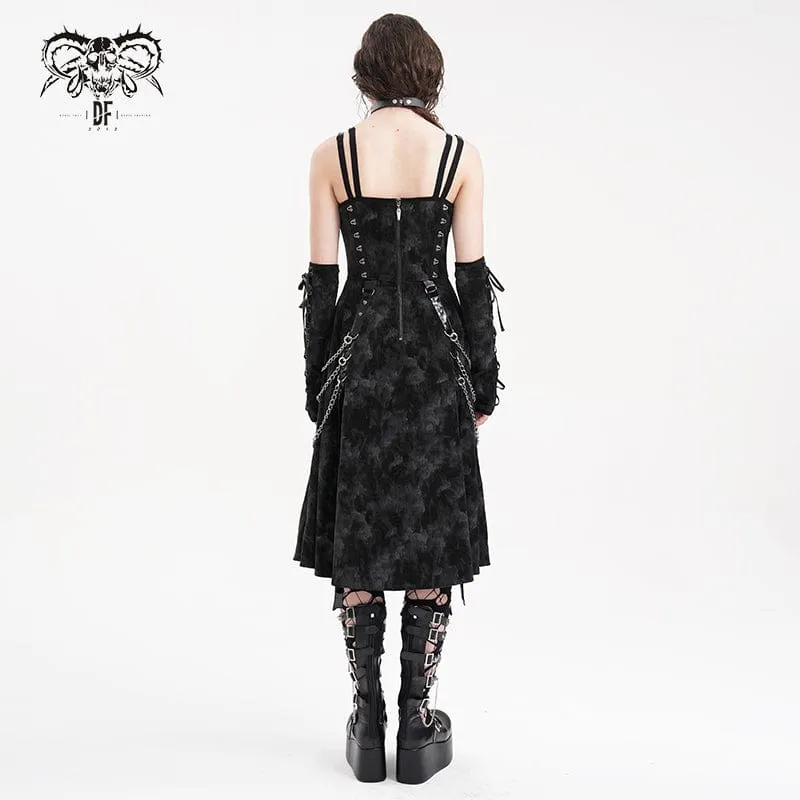 Women's Gothic Chains Rings Slip Dress with Gloves