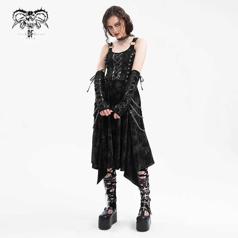 Women's Gothic Chains Rings Slip Dress with Gloves