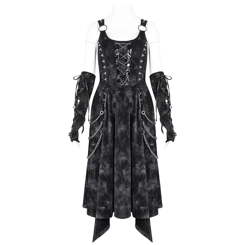 Women's Gothic Chains Rings Slip Dress with Gloves