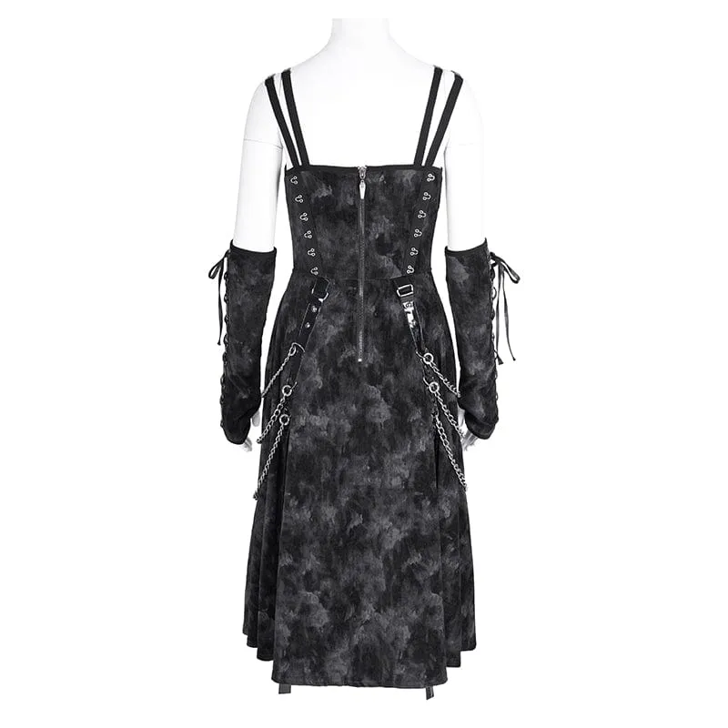 Women's Gothic Chains Rings Slip Dress with Gloves