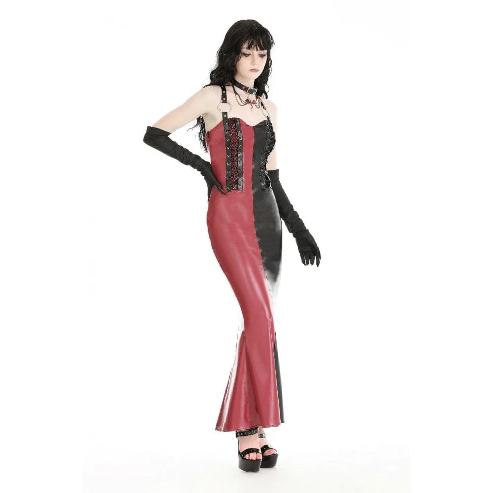 Women's Gothic Contrast Color Faux Leather Party Slip Dress