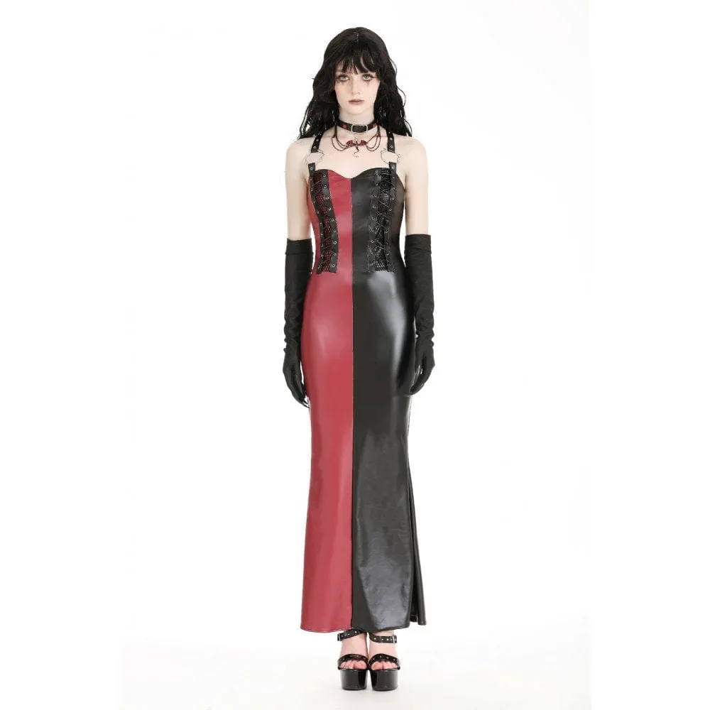 Women's Gothic Contrast Color Faux Leather Party Slip Dress