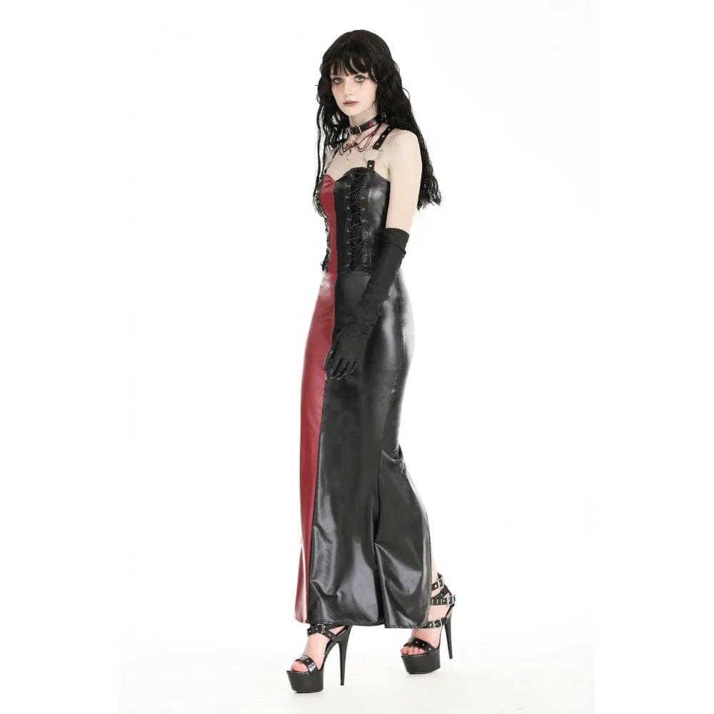 Women's Gothic Contrast Color Faux Leather Party Slip Dress