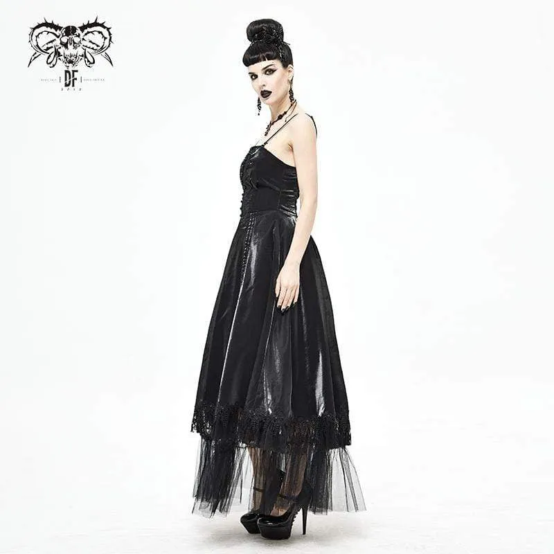 Women's Gothic Drawstring Lace Splice Black Slip Dress Wedding Dress