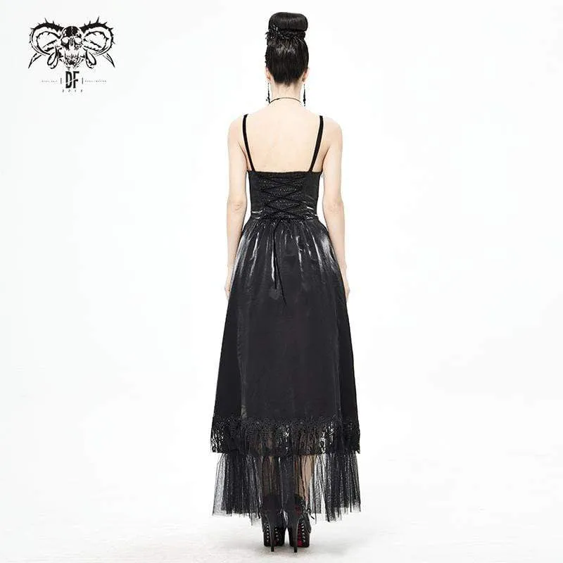 Women's Gothic Drawstring Lace Splice Black Slip Dress Wedding Dress