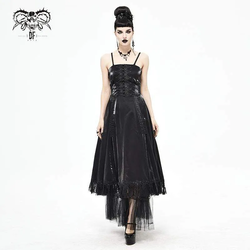 Women's Gothic Drawstring Lace Splice Black Slip Dress Wedding Dress