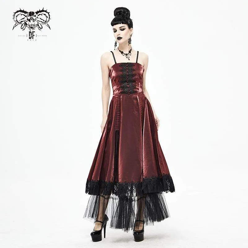 Women's Gothic Drawstring Lace Splice Red Slip Dress Wedding Dress