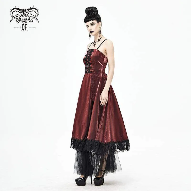 Women's Gothic Drawstring Lace Splice Red Slip Dress Wedding Dress