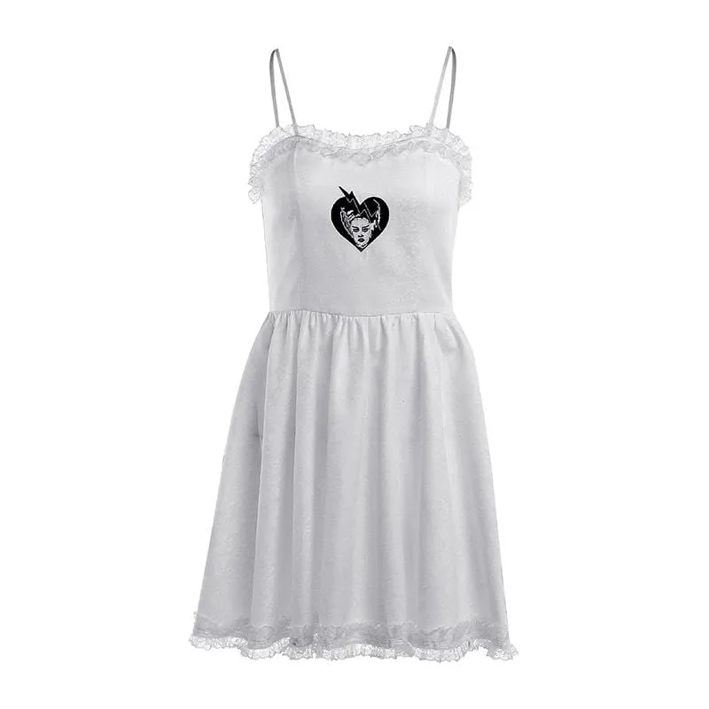 Women's Gothic Heart Printed Lace Hem Slip Dress