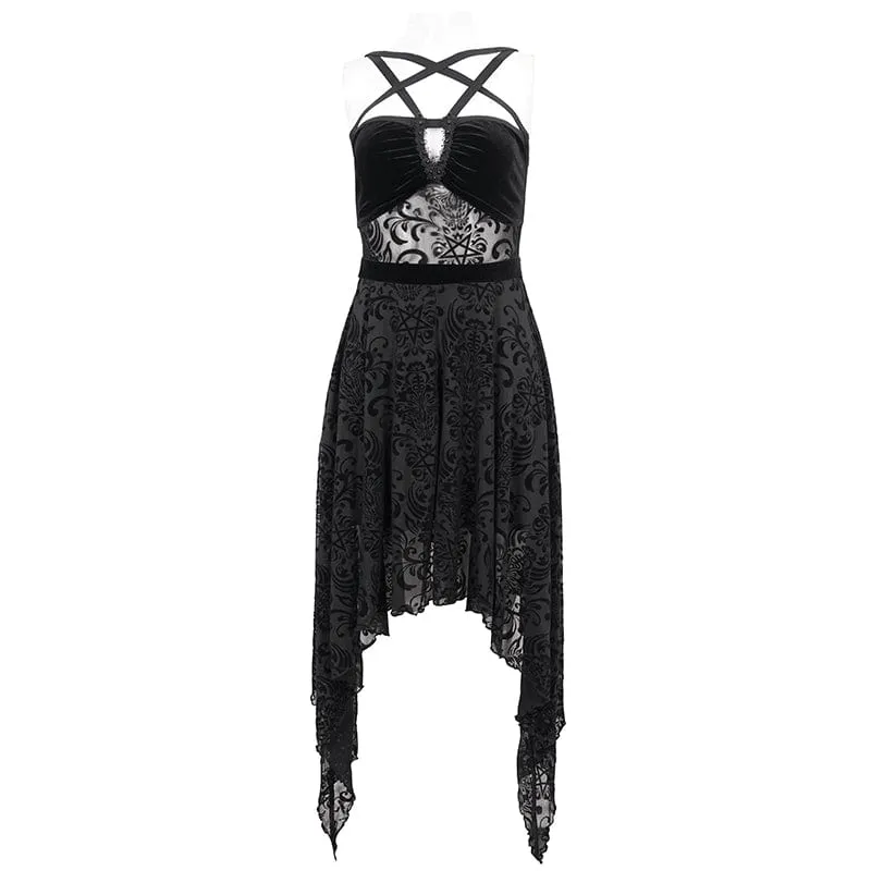 Women's Gothic Irregular Mesh Splice Velvet Slip Wedding Dress