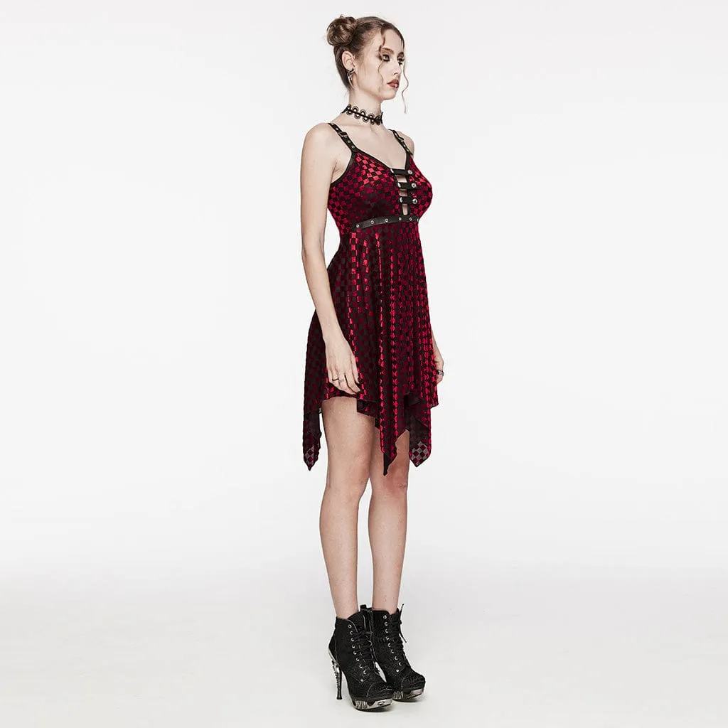 Women's Gothic Irregular Plunging Plaid Slip Wedding Dress Red