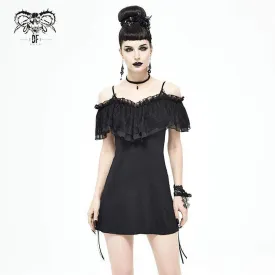 Women's Gothic Layered Drawstring Black Slip Dress