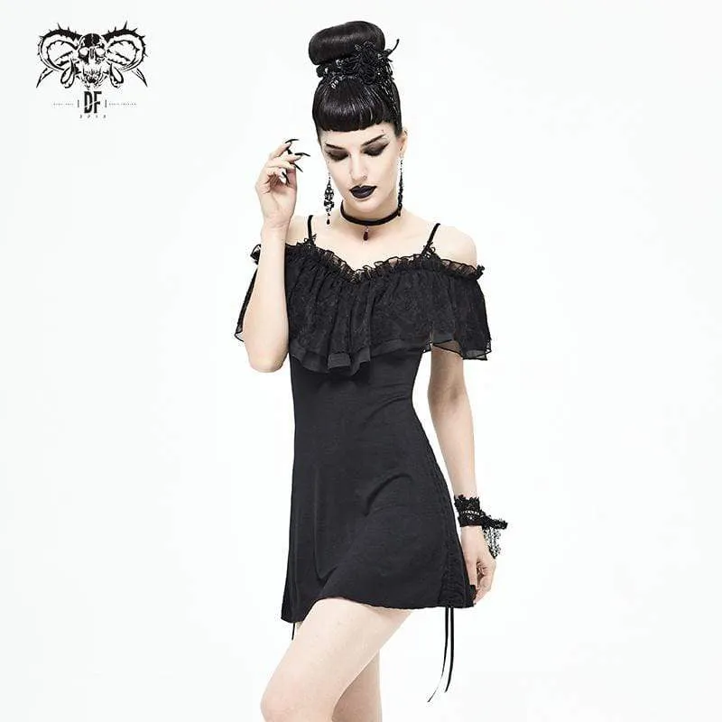 Women's Gothic Layered Drawstring Black Slip Dress