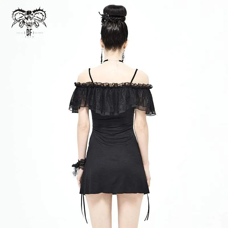 Women's Gothic Layered Drawstring Black Slip Dress